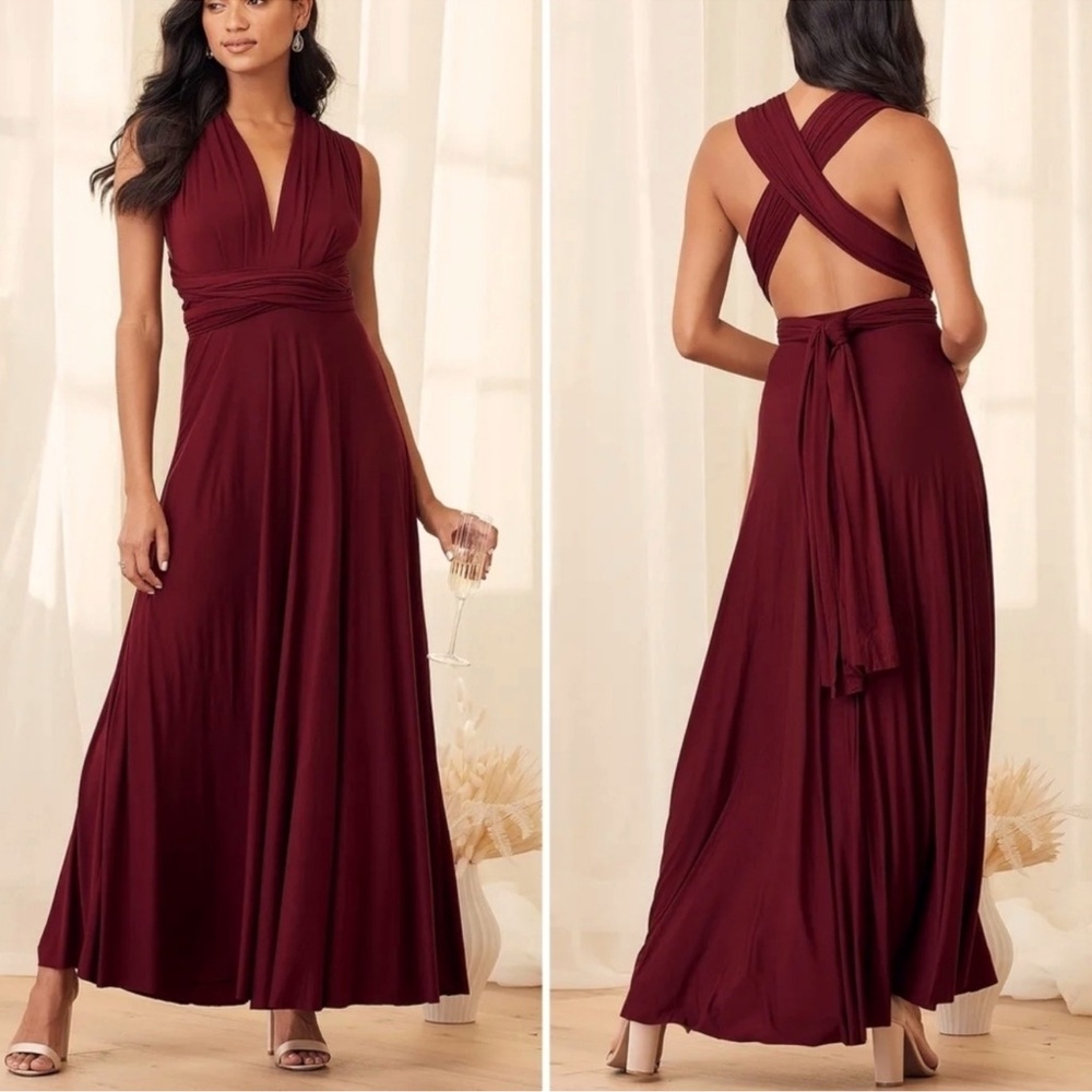 CONVERTIBLE HIGH WAIST A-LINE INFINITY MAXI BRIDESMAID DRESS - BURGUNDY XS